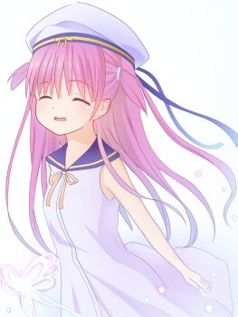 Rule 34 | 1girl, ^ ^, absurdres, black ribbon, blue sailor collar, bug, butterfly, closed eyes, commentary, cowboy shot, dress, facing viewer, floating hair, glowing butterfly, hair between eyes, hat, hat ribbon, highres, insect, katou umi, light particles, long hair, open mouth, pink hair, ribbon, sailor collar, sailor hat, simple background, sleeveless, sleeveless dress, smile, solo, summer pockets, two side up, very long hair, wataame (jvdy4345), white background, white butterfly, white dress, white hat, yellow eyes