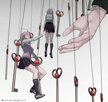 1boy 1girl absurdres ahoge akamatsu_kaede blonde_hair blush breasts collared_shirt danganronpa_(series) danganronpa_v3:_killing_harmony death from_side grey_background hair_ornament hanging highres implied_suicide jacket key kneehighs long_hair long_sleeves mini_person musical_note musical_note_print open_mouth out_of_frame pink_sweater_vest pink_vest pleated_skirt profile reaching reaching_towards_another saihara_shuichi school_uniform shirt size_difference skirt smile socks spoilers sukizukiko sweater_vest symbolism twitter_username vest white_bag white_shirt