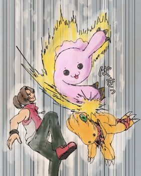 1other 2boys :3 agumon_(digimon_savers) aura blood daimon_masaru_(digimon_savers) digimon digimon_(creature) digimon_savers dragon_ball dragonball_z emphasis_lines highres looking_at_another mas_square mochimon motion_lines multiple_boys other_focus parody punching sharp_teeth teeth violence what