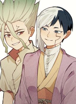 0a_9_(pixiv82791714) 2boys asagiri_gen asymmetrical_hair black_hair cracked_skin dr._stone green_hair grey_eyes grin ishigami_senkuu jacket japanese_clothes kimono looking_at_another male_focus multicolored_hair multiple_boys red_eyes sash shirt short_hair smile spiked_hair split-color_hair two-tone_hair upper_body white_background white_hair