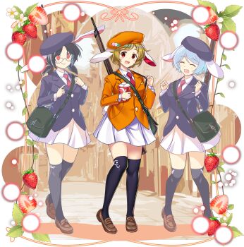 Rule 34 | 3girls, alternate costume, animal ears, bag, black hat, black jacket, black thighhighs, blue hair, blush, brown shoes, collared shirt, dango, danmaku, floppy ears, flower, food, fruit, game cg, glasses, green bag, hat, highres, holding, jacket, loafers, long sleeves, looking at viewer, moon rabbit extra (touhou), multiple girls, necktie, official art, open mouth, orange hat, orange jacket, pigeon-toed, pleated skirt, rabbit ears, rabbit tail, red eyes, red necktie, reisen (touhou bougetsushou), ringo (touhou), rotte (1109), shirt, shoes, short hair, shoulder bag, skirt, smile, strawberry, strawberry blossoms, strawberry slice, tail, thighhighs, third-party source, touhou, touhou lostword, transparent background, wagashi, white flower, white shirt, white skirt