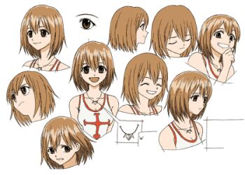 00s 1girl :d ^_^ angry averting_eyes breasts brown_eyes brown_hair cleavage clenched_teeth close-up closed_eyes cross elie frown grin hair_between_eyes hand_on_own_chin jewelry looking_at_viewer looking_away lowres matsushima_akira model_sheet multiple_expressions naughty_face necklace official_art open_mouth pendant profile rave_(manga) reference_sheet sad short_hair simple_background smile tank_top teeth white_background