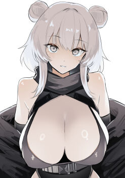 Rule 34 | 1girl, absurdres, arms at sides, bare shoulders, belt, bikini, black bikini, black jacket, black leotard, breasts, cleavage, commentary, double bun, grey belt, grey eyes, grey hair, hair bun, heattech leotard, high belt, highres, jacket, large breasts, leotard, light blush, light smile, long hair, looking at viewer, nisokurui, off shoulder, open clothes, open jacket, original, parted lips, simple background, solo, swimsuit, turtleneck, upper body, white background