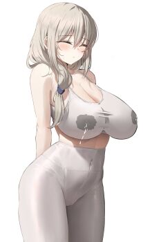 1girl arms_behind_back bare_shoulders blush bra breasts cleavage closed_eyes covered_navel embarrassed female_focus grey_hair hair_over_shoulder highres huge_breasts k_pring lactation lactation_through_clothes large_breasts long_hair mature_female pants sagging_breasts shirt simple_background sports_bra standing third-party_edit underwear unfinished uzaki-chan_wa_asobitai! uzaki_tsuki wet wet_clothes wet_shirt white_background white_pants yoga_pants