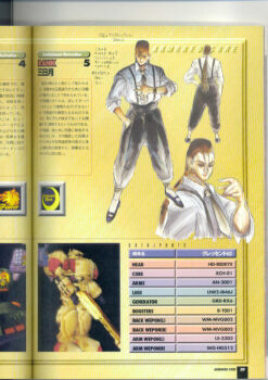 1boy 3d armored_core blue_eyes brown_hair character_name character_profile reference_sheet collared_shirt copyright_name crescent_moon_(armored_core) dress_shirt emblem fenrir_(armored_core) fromsoftware full_body gun hand_in_pocket long_hair looking_at_viewer low_ponytail male_focus mecha mikazuki_(armored_core) multiple_views necktie official_art page_number pants ponytail robot scan shirt shoes sleeves_rolled_up standing suspenders upper_body very_long_hair watanabe_sakumi weapon