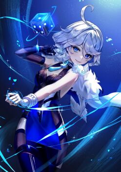 1girl absurdres ahoge asymmetrical_gloves bare_shoulders black_gloves black_pants blue_background blue_eyes breasts cosplay cowboy_shot dice dress fingerless_gloves fur_trim furina_(genshin_impact) genshin_impact gloves highres il0ha_genshin looking_at_viewer mismatched_gloves pants short_hair sleeveless sleeveless_dress small_breasts smile solo standing white_gloves white_hair yelan_(genshin_impact) yelan_(genshin_impact)_(cosplay)