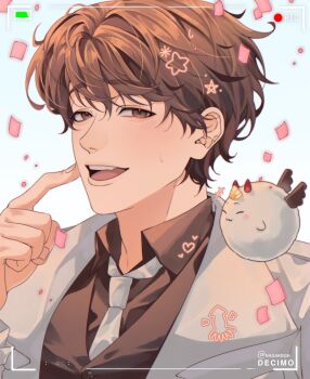 1boy :d battery_indicator biyoo_(omniscient_reader&#039;s_viewpoint) black_eyes black_hair black_shirt black_vest cheek_poking coat collared_shirt confetti hand_on_own_face highres kim_dokja male_focus nadardoh necktie omniscient_reader&#039;s_viewpoint open_clothes open_mouth poking popped_collar recording shirt short_hair smile solo teeth upper_body upper_teeth_only vest white_coat white_necktie