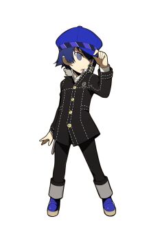 Rule 34 | 1girl, absurdres, adjusting clothes, adjusting headwear, androgynous, blue eyes, blue hair, blue shoes, collared shirt, full body, gakuran, gun, handgun, hat, highres, newsboy cap, official art, oribe hanako, persona, persona 4, persona q: shadow of the labyrinth, persona q (series), revolver, school uniform, second-party source, shirogane naoto, shirt, shoes, short hair, simple background, solo, weapon, white background, white shirt, yasogami school uniform