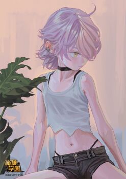 1girl ahoge black_bra black_choker black_panties black_shorts bra choker closed_eyes copyright_name earrings highleg highleg_panties highres honkai_(series) honkai_gakuen jewelry midriff multicolored_hair navel official_art panties pink_hair purple_hair second-party_source shirt shorts sin_mal solo string_panties two-tone_hair underwear white_shirt yellow_eyes