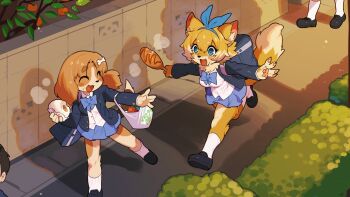 1boy 3girls :d animal_ears animal_nose bag blazer blonde_hair blue_bow blue_bowtie blue_eyes blue_hairband blue_skirt body_fur bone_hair_ornament bow bow_hairband bowtie brown_hair claws closed_eyes commission corn_dog dog_ears dog_girl dog_tail fang floppy_ears food food_on_face fox_ears fox_girl fox_tail fruit fruit_tree furry furry_female hair_ornament hairband highres holding holding_food jacket lapels multicolored_hair multiple_girls notched_lapels open_mouth orange_(fruit) original parted_bangs pawpads plastic_bag running sanjiro_(tenshin_anman) school_uniform shadow skeb_commission skirt smile socks steamed_bun tail tree two-tone_hair white_hair white_socks