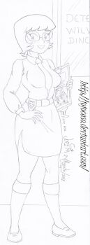 10s 1girl 2012 august belt breasts character_request dated door freckles glasses grin hand_on_own_hip hanna-barbera highres holding kneehighs large_breasts long_sleeves looking_at_viewer monochrome necktie police police_badge police_uniform policewoman scooby-doo shirt shoes short_hair sketch skirt smile socks standing star_(symbol) supergeorgesapiens teeth velma_dinkley