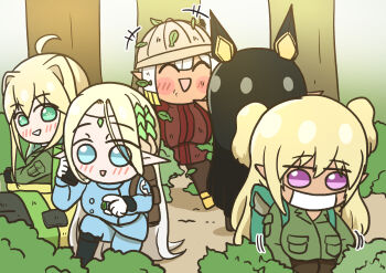 5girls absurdres ahoge alternate_costume backpack bag blonde_hair blue_eyes blush_stickers boots breasts bush cerestia_of_life chibi chibi_only clooliss closed_eyes commentary_request dark-skinned_female dark_elf dark_elven_forest_ranger dark_skin elf elven_forest_maker forest gloves green_eyes hathor_(last_origin) highres korean_commentary large_breasts last_origin laurels leaf long_hair long_sleeves mask mouth_mask multiple_girls nature pointy_ears purple_eyes sekhmet_of_death star-shaped_pupils star_(symbol) symbol-shaped_pupils tree triangle_mouth two_side_up very_long_hair