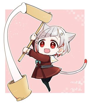 1girl :3 :d animal_ears aqua_neckerchief black_pantyhose bob_cut border brown_dress cat_ears cat_girl cat_tail chibi chibi_only commentary_request diagonal_bangs dress grey_hair hair_ornament hasu_no_sora_school_uniform highres holding holding_mallet inverted_bob kanduki_kamibukuro kemonomimi_mode kine leg_up link!_like!_love_live! long_sleeves love_live! mallet mochitsuki mortar_(bowl) multicolored_hair neckerchief open_mouth pantyhose pink_background red_eyes red_streaks sailor_collar sailor_dress school_uniform smile solo star_(symbol) star_hair_ornament streaked_hair tail translation_request virtual_youtuber white_border white_sailor_collar winter_uniform yugiri_tsuzuri