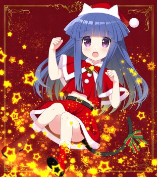 1girl animal_ears animal_hat bell belt belt_buckle black_belt blue_hair blush boots bow buckle cat_ears cat_tail fake_animal_ears full_body fur-trimmed_boots fur-trimmed_headwear fur-trimmed_skirt fur_trim furude_rika gaou_(babel) hands_up hat higurashi_no_naku_koro_ni long_hair looking_at_viewer navel neck_bell paw_pose purple_eyes red_boots red_bow red_hat red_shirt red_skirt santa_costume santa_hat shirt skirt solo star_(symbol) striped_bow tail tail_bow tail_ornament very_long_hair