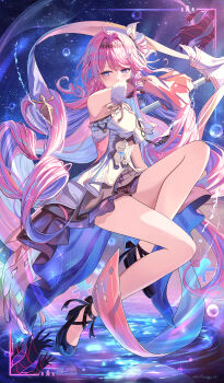 1girl absurdres ahoge air_bubble bare_shoulders black_shoes black_skirt blue_eyes breasts bubble colored_inner_hair commentary_request denia_(wuthering_waves) detached_sleeves dress full_body hair_ornament highres holding holding_staff long_hair medium_breasts mitsukayurie multicolored_hair partial_commentary pink_hair purple_hair shadow_hands shoes skirt solo staff white_dress wuthering_waves