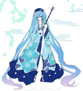1girl absurdly_long_hair absurdres ao_nhat_binh aqua_eyes aqua_hair blue_theme floral_dress hair_ornament hands_in_opposite_sleeves hatsune_miku highres holding holding_instrument instrument instrument_request jewelry long_hair long_sleeves looking_at_viewer necklace smile solo twintails very_long_hair vietnam vietnamese_clothes vocaloid worldwide_miku yachi696969