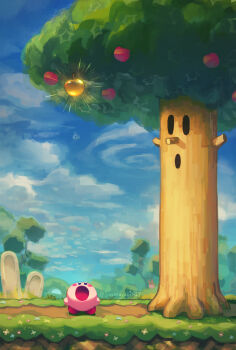 alternate_height apple artist_name blue_flower blue_sky blush blush_stickers cloud cloudy_sky day flower food fruit golden_apple grass highres hill kirby kirby_(series) looking_up nintendo no_humans open_mouth outdoors path polof red_flower road scenery sky standing star_(symbol) suyasuyabi tree twitter_username ufo ufo_(kirby) whispy_woods yellow_flower