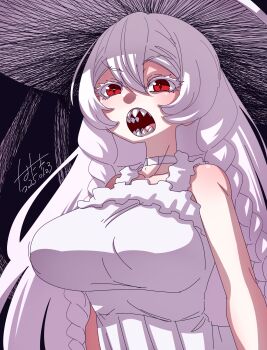 1girl braid breasts dress hanya_(hanya_yashiki) hat highres large_breasts long_eyelashes long_hair mandator_(ziga) red_eyes sharp_teeth side_braids solo sun_hat sundress teeth white_hair ziga