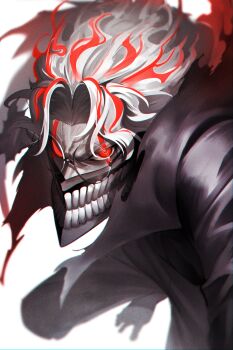 1boy absurdres alternate_form angry barefoot curtained_hair dandadan facial_mark gakuran glasses highres in_(ain) kami_high_school_uniform long_sleeves looking_at_viewer male_focus mask mouth_mask multicolored_hair parted_bangs red_eyes round_eyewear school_uniform short_hair solo streaked_hair takakura_ken_(dandadan) teeth two-tone_hair v-shaped_eyebrows white_hair