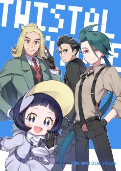 2boys 2girls :d black_eyes black_gloves black_hair black_necktie black_pants blonde_hair blunt_bangs blush blush_stickers botamochi_(exwelder) briefcase bright_pupils brown_shirt child closed_mouth collared_shirt commentary commentary_request earrings english_commentary eyelashes gloves green_hair green_jacket grey_hair grey_hat grey_jacket grey_skirt hands_in_pockets hassel_(pokemon) hat highres holding holding_briefcase index_finger_raised jacket jewelry key key_necklace larry_(pokemon) long_hair long_sleeves mature_male medium_hair multicolored_hair multiple_boys multiple_girls necklace necktie nintendo open_clothes open_jacket open_mouth outline pants pokemon pokemon_sv ponytail poppy_(pokemon) red_eyes red_necktie rika_(pokemon) shirt short_hair single_hair_intake skirt smile streaked_hair suspenders thick_eyebrows two-tone_hair vest white_outline white_pupils white_shirt yellow_eyes