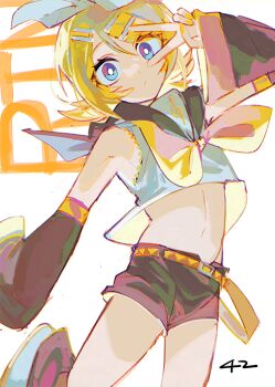 1girl :/ arched_back artist_name bare_shoulders belt belt_buckle black_sailor_collar black_sleeves blue_eyes bow bright_pupils buckle character_name crop_top curious detached_sleeves eyelashes flat_chest hair_bow hair_ornament hairclip kagamine_rin leg_up linea_alba looking_at_viewer midriff narrow_waist navel neckerchief orange_belt sailor_collar senzzang shirt short_hair short_shorts shorts sleeveless sleeveless_shirt solo standing standing_on_one_leg swept_bangs treble_clef two-tone_belt v v_over_eye vocaloid white_bow white_pupils wide-eyed wide_sleeves yellow_belt yellow_nails yellow_neckerchief