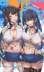 Rule 34 | 2girls, absurdres, alternate costume, asymmetrical horns, bandages, bandaid, bandaid on breast, bandaid on face, bandaid on hand, bandaid on leg, bandaid on stomach, black choker, black hair, black panties, black thighhighs, blue eyes, blue hair, blue nails, blue skirt, breasts, choker, cleavage, closed mouth, collared shirt, color connection, colored inner hair, commentary, crop top, demon horns, ear piercing, english commentary, fangs, hair color connection, hair ornament, hairpin, highleg, highleg panties, highres, hololive, hololive english, honkivampy, horns, large breasts, long hair, looking at viewer, miniskirt, mole, mole under eye, multicolored background, multicolored hair, multiple girls, nail polish, navel, nerissa ravencroft, official alternate hairstyle, open mouth, ouro kronii, panties, piercing, pink eyes, pink nails, pink panties, red eyes, safety pin, shirt, short hair, skirt, thighhighs, tongue, tongue out, tongue piercing, torn clothes, torn thighhighs, two-tone hair, underwear, virtual youtuber, white shirt, white thighhighs, zettai ryouiki