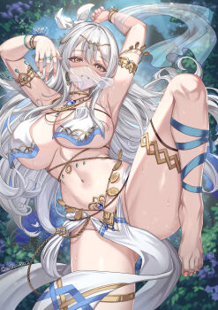 1girl armlet armpits arms_up artist_name bare_shoulders barefoot blush breasts cenangam choker commentary commission dancer feet highres jewelry large_breasts long_hair looking_at_viewer navel original parted_lips pelvic_curtain ring smile solo stomach teeth thighlet thighs toes white_hair yellow_eyes
