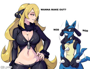 1girl afterimage artist_name black_pants black_shirt blonde_hair breasts cleavage commentary cowboy_shot cynthia_(pokemon) english_commentary english_text gen_4_pokemon hair_ornament hand_on_own_hip highres jrpulse large_breasts long_hair looking_at_another looking_to_the_side lucario midriff navel nintendo nodding pants pokemon pokemon_(creature) pokemon_dppt pokephilia shirt simple_background stomach white_background