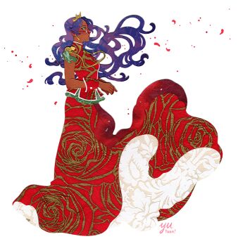 aiguillette bindi crown dark-skinned_female dark_skin dress earrings floral_print glasses gold_earrings green_eyes green_trim himemiya_anthy jewelry long_dress long_hair paper_cutout_(medium) papercraft_(medium) petals profile purple_hair red_dress red_petals rose_petals rose_print shoujo_kakumei_utena simple_background sleeveless sleeveless_dress tiara unconventional_media white_background wind wrist_cuffs yutaan