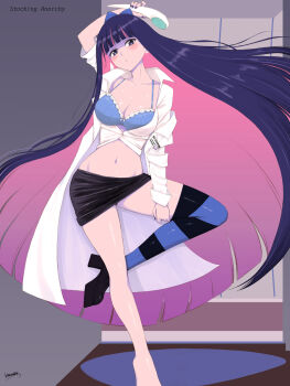 1girl arm_up barefoot black_nails black_shoes black_skirt blue_bow blue_bra blunt_bangs blunt_ends blush bow bow_bra bra breasts cleavage clothes_lift coat collarbone colored_inner_hair commentary_request dildo floating_hair full_body green_eyes grey_background hair_bow head_tilt high_heels highres hime_cut holding holding_sex_toy indoors lace lace-trimmed_bra lace_trim large_breasts long_hair looking_at_viewer multicolored_hair nail_polish navel niwatori_kokezou open_clothes open_coat panty_&amp;_stocking_with_garterbelt parted_lips pencil_skirt pink_hair purple_hair sex_toy shiny_skin shoes signature simple_background single_thighhigh skirt skirt_lift sleeves_past_wrists solo standing standing_on_one_leg stocking_(psg) stomach straight_hair striped_clothes striped_thighhighs thighhighs thighs two-tone_hair underwear very_long_hair white_coat