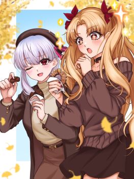 2girls alternate_costume artist_name bare_shoulders belt beret blonde_hair blush choker coat commentary_request commission donut dress ereshkigal_(fate) falling_leaves fate/grand_order fate_(series) food hair_ribbon hat highres kama_(fate) kawairuka_ko leaf long_hair multiple_girls one_eye_closed pink_ribbon red_eyes red_nails red_ribbon ribbon skeb_commission skirt star-shaped_pupils star_(symbol) sweater symbol-shaped_pupils turtleneck turtleneck_sweater two_side_up white_hair yellow_eyes