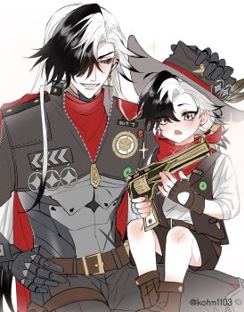 2boys :o aged_down artist_name badge bandana bandana_around_neck belt belt_buckle black_eyes black_hair black_hat black_jacket black_pants black_shorts black_vest blush boothill_(honkai:_star_rail) boots brown_belt brown_footwear buckle bullet_earrings cape child commentary_request cowboy_hat cropped_jacket crossed_bangs crosshair_pupils cyborg dual_persona ear_piercing earrings fang gold_earrings grey_eyes grin gun hair_between_eyes hair_over_one_eye hand_on_headwear hand_up handgun hands_up hat hat_feather highres holding holding_gun holding_weapon holster honkai:_star_rail honkai_(series) jacket jewelry long_hair looking_at_another low_ponytail male_focus medium_hair mole mole_under_eye multicolored_hair multiple_boys nima_(khn1103) one_eye_covered open_clothes open_mouth open_vest pants parted_bangs piercing ponytail red_bandana red_cape red_pupils sharp_teeth sheriff_badge shirt short_sleeves shorts simple_background single_earring sitting sitting_on_lap sitting_on_person skin_fang smile sparkle strapless streaked_hair stud_earrings teeth thigh_holster time_paradox twitter_username v-shaped_eyebrows vest weapon white_background white_hair white_shirt zipper zipper_pull_tab