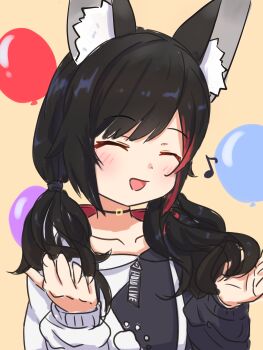 Rule 34 | 1girl, absurdres, alternate hairstyle, animal ear fluff, animal ears, black choker, black hair, black hoodie, choker, closed eyes, commentary request, highres, hololive, hood, hoodie, low twintails, medium hair, morotade kudou, multicolored hair, musical note, official alternate costume, ookami mio, ookami mio (hoodie), open mouth, red streaks, smile, solo, streaked hair, twintails, two-tone hoodie, virtual youtuber, white hoodie, wolf ears, wolf girl