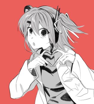 1girl :o a.i._voice adachi_rei flat_chest gloves greyscale_with_colored_background hair_ornament hair_ribbon hairclip headlamp headphones heart heart_hands highres jacket long_sleeves looking_at_viewer open_clothes open_jacket radio_antenna red_background ribbon samsap shirt side_ponytail three-quarter_sleeves solo upper_body