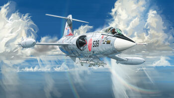 1other absurdres aim-9_sidewinder air-to-air_missile aircraft airplane blue_sky canopy_(aircraft) commentary_request day f-104_starfighter fighter_jet helmet highres japan_air_self-defense_force japan_self-defense_force kudryavka_trop military military_vehicle ocean original outdoors pilot pilot_helmet recce_pod roundel signature sky solo