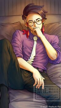 1boy absurdres black-framed_eyewear black_hair black_pants black_socks collared_shirt corbeau_(pokemon) glasses hand_up highres looking_at_viewer lying male_focus mixed-language_commentary necktie nintendo on_back pants pokemon pokemon_legends:_z-a purple_shirt round_eyewear shirt short_hair socks solo tong_yue_ling watermark white_necktie yellow_eyes