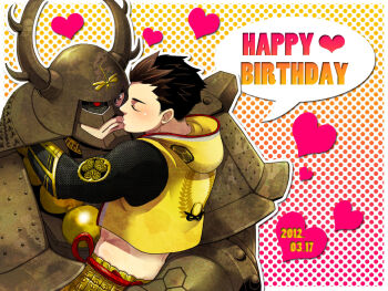 Rule 34 | 2boys, arms around neck, brown eyes, brown hair, closed eyes, dated, frown, gradient background, happy birthday, honda tadakatsu (sengoku basara), jacket, kiss, male focus, midriff, multiple boys, nyorori, one eye covered, polka dot, polka dot background, sengoku basara, tokugawa ieyasu (sengoku basara), yaoi, yellow jacket