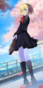 1girl absurdres aigis_(persona) android bag bilingual_commentary black_jacket black_skirt black_socks blonde_hair blue_eyes blue_sky blurry bow bowtie brown_bag brown_shoes cherry_blossoms chinese_commentary commentary commentary_request day depth_of_field dutch_angle english_commentary eyebrows_hidden_by_hair falling_petals from_behind full_body gekkoukan_high_school_uniform gloves hair_between_eyes headgear highres holding holding_bag jacket kneehighs long_sleeves looking_at_viewer looking_back miniskirt mixed-language_commentary newflame outdoors parted_lips persona persona_3 petals pleated_skirt red_bow red_bowtie rooftop school_bag school_uniform shoes short_hair skirt sky socks solo standing tree white_gloves