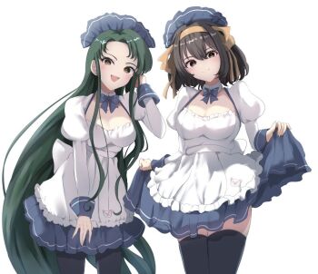 Rule 34 | 2girls, apron, black hair, black thighhighs, blue skirt, brown eyes, cowboy shot, frilled apron, frilled skirt, frills, green eyes, long hair, maid, maid headdress, matching outfits, multiple girls, pantyhose, sasai tuki, shirt, short hair, simple background, skirt, suzumiya haruhi, suzumiya haruhi no yuuutsu, thighhighs, tsuruya, white apron, white background, white shirt
