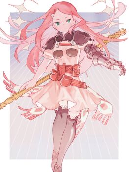 1girl armor closed_mouth dress final_fantasy final_fantasy_tactics_advance gloves green_eyes hair_ornament hairclip long_hair looking_at_viewer minabe_(mi-nabe) pink_hair ritz_malheur skirt solo thighhighs weapon