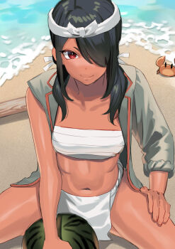 Rule 34 | 1girl, akagi kurage, black hair, black shorts, breasts, ecchuu fundoshi, food, fruit, fundoshi, hair over one eye, hair over shoulder, headband, highres, jacket, japanese clothes, kantai collection, kumano maru (kancolle), kumano maru kai (swimsuit) (kancolle), loincloth, long hair, looking at viewer, low ponytail, medium breasts, military jacket, navel, official alternate costume, open clothes, open jacket, ponytail, red eyes, sarashi, shorts, sidelocks, solo, stick, tan, towel, watermelon, white headband