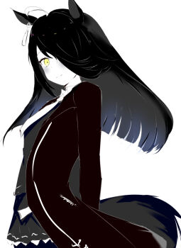 Rule 34 | 1girl, ahoge, animal ear piercing, animal ears, asymmetrical bangs, blush, collared shirt, commentary request, cowboy shot, frilled skirt, frills, from side, greyscale, hair over one eye, horse ears, horse girl, horse tail, jacket, long hair, long sleeves, looking at viewer, manhattan cafe (umamusume), monochrome, multicolored hair, necktie, open clothes, open jacket, pantyhose, pleated skirt, raifu (rf), shirt, sidelocks, simple background, skirt, smile, solo, spot color, streaked hair, sweater, tail, umamusume, yellow eyes