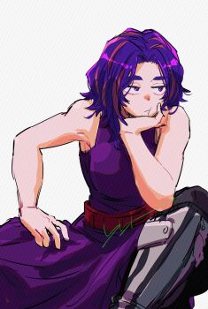1girl :t absurdres belt bibiri_(r42r98r) black_pantyhose boku_no_hero_academia boots breasts closed_mouth commentary curtained_hair dress hand_on_own_thigh head_rest highres knee_up lady_nagant large_breasts looking_to_the_side multicolored_hair pantyhose pink_hair pout purple_dress purple_eyes purple_hair red_belt short_hair signature sleeveless sleeveless_dress solo streaked_hair white_boots