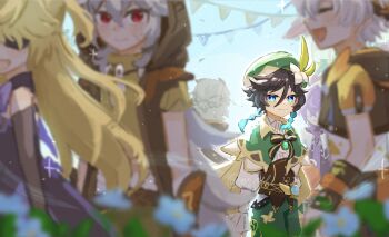 1girl 5boys albedo_(genshin_impact) aqua_eyes aqua_hair bennett_(adventures_in_blazing_hue)_(genshin_impact) bennett_(genshin_impact) beret black_hair blonde_hair blurry blurry_foreground braid brown_corset brown_hair brown_jacket capelet corset dress fischl_(genshin_impact) flower genshin_impact gradient_hair green_capelet green_hat green_shorts grey_hair hair_flower hair_ornament hat highres hood hood_up hooded_jacket jacket light_smile long_hair mini_durin_(genshin_impact) mini_durin_(human)_(genshin_impact) multicolored_hair multiple_boys oroshi_122 purple_dress purple_hair razor_(genshin_impact) shirt short_hair shorts side_braids solo_focus twin_braids venti_(genshin_impact) white_flower white_shirt