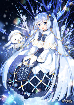 1girl 1other bare_tree bass_clef beret blue_bow blue_eyes blue_gloves blue_hair blue_tabard blurry bokeh book bow capelet christmas_lights clock_print commentary copyright_notice depth_of_field dress fortissimo from_above full_body fur-trimmed_capelet fur_trim gloves gold_trim hair_bow hair_ornament hairclip hat hatsune_miku holding holding_unworn_clothes holding_unworn_hat ice ice_flower light_blue_hair long_hair looking_at_viewer musical_note musical_note_hair_ornament night official_art open_book rabbit roman_numeral sacanahen smile snow snowflake_print snowing tabard treble_clef tree twintails unworn_hat unworn_headwear very_long_hair vocaloid white_capelet white_dress white_headwear yuki_miku yuki_miku_(2021)