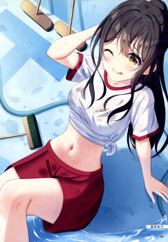 1girl ;p absurdres arm_behind_head arm_support artist_name black_bra black_hair bra bra_visible_through_clothes breasts broom collarbone cowboy_shot dengeki_moeoh fallen_down from_above gym_shirt gym_shorts gym_uniform hair_between_eyes highres hominotsu hose knee_up light_blush long_hair looking_at_viewer looking_up magazine_scan medium_breasts midriff navel on_floor one_eye_closed original page_number ponytail pool raised_inner_eyebrows red_shorts scan see-through_clothes see-through_shirt shiny_skin shirt short_sleeves shorts sidelocks smile solo stomach third-party_source tied_shirt tongue tongue_out underwear water wet wet_clothes wet_shirt white_shirt yellow_eyes