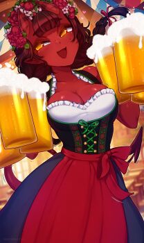 1girl apron beer_mug black_hair blunt_bangs body_freckles braid breast_freckles breasts cleavage colored_skin cup demon_girl demon_horns demon_tail dirndl dutch_angle flower freckles freckles_on_breasts german_clothes hair_between_horns hair_flower hair_ornament highres holding holding_cup horns long_hair looking_at_viewer medium_breasts meruccubus_(merunyaa) merunyaa mole mole_under_eye mug oktoberfest oni open_mouth original pointy_ears red_oni red_skin red_tail skin-covered_horns solo tail twin_braids underbust waist_apron watermark web_address yellow_eyes