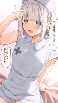 1girl arm_support blue_dress blue_eyes blunt_bangs blush braid bright_pupils collared_dress commentary_request cross cross_print dress flying_sweatdrops hand_up hat highres looking_at_viewer medium_hair motion_lines nurse_cap open_mouth original panties panty_peek ramchi short_sleeves side_braid silver_hair-chan_(ramchi) single_braid speech_bubble spoken_blush translation_request underwear upper_body white_hair white_panties white_pupils