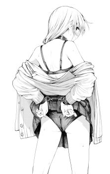 1girl bare_back blush bra collar ebisumaru_(ebisumaru3) greyscale handcuff highres looking_at_viewer monochrome panties underwear undressing upskirt