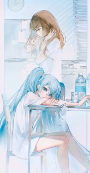2girls :o aqua_eyes aqua_hair arm_on_table bandaged_wrist bandages blue_eyes blue_hair blush boar border bottle bottomless brown_eyes brown_hair brown_nails chair clock commentary cup drinking_glass dropping eyelashes feet_out_of_frame from_side hair_ornament hand_in_own_hair hands_up hatsune_miku head_rest highres imminent_suicide implied_self-harm long_hair looking_at_viewer looking_to_the_side multiple_girls note outside_border outstretched_arm paper pill profile rumoon sad sayoko_(song) shirt short_sleeves sitting song_name table twintails very_long_hair vocaloid water water_bottle white_background white_shirt